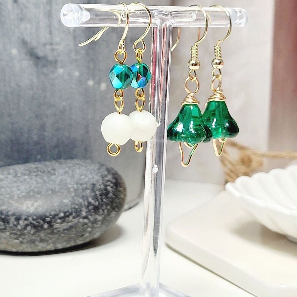 Green Czech flowers and Amazonite dangles Hidden Meaning earrings 660■ - Picture 5 of 8